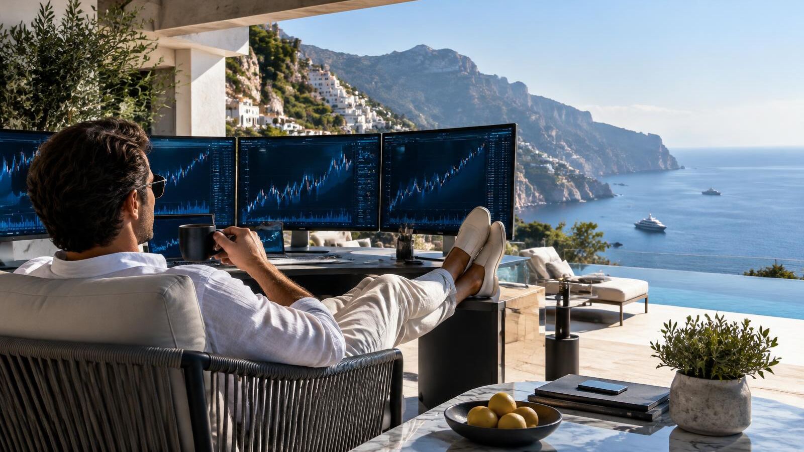 Trader reviewing charts on a terrace above the sea