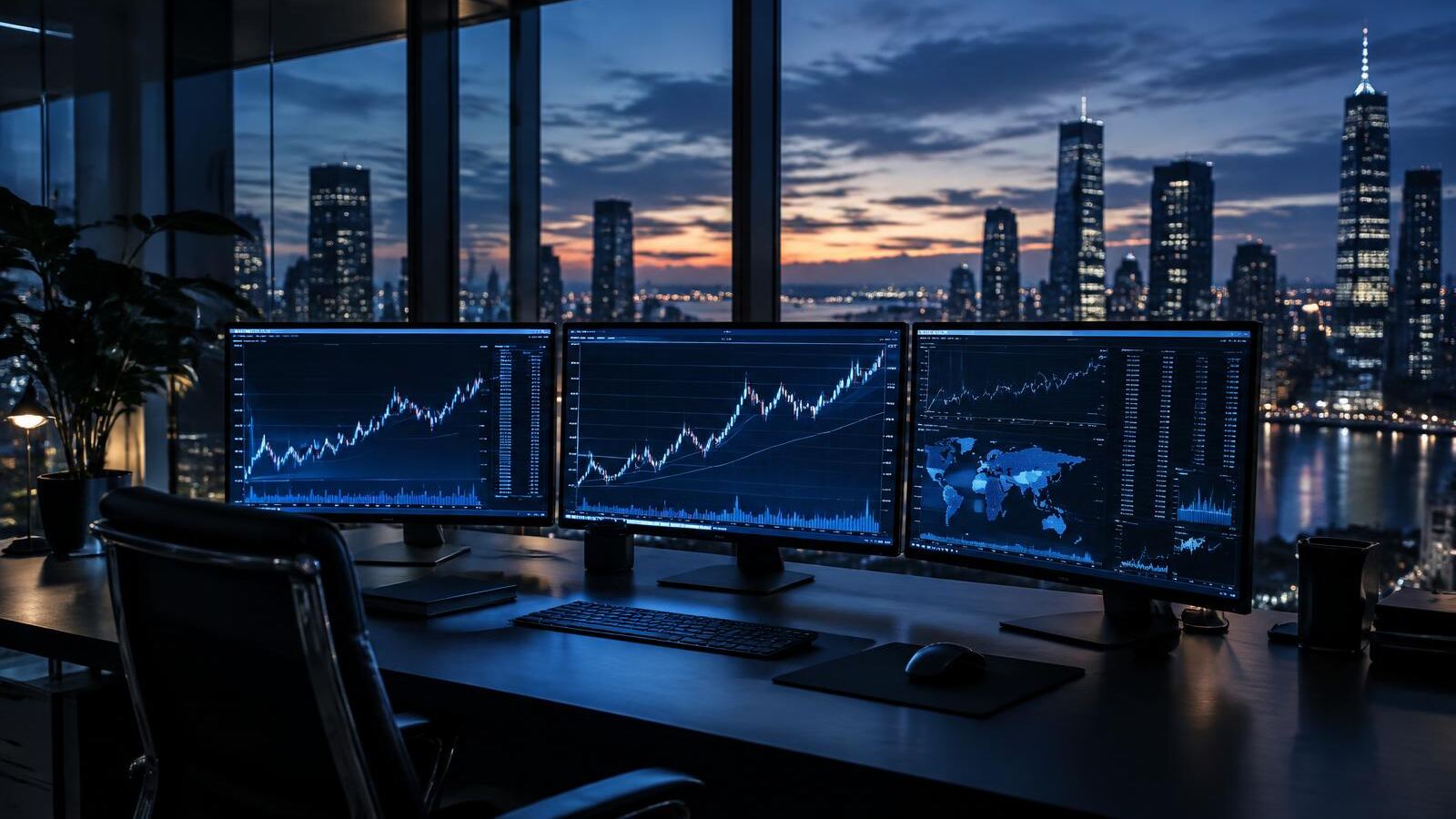 Trading desk with three monitors showing market charts