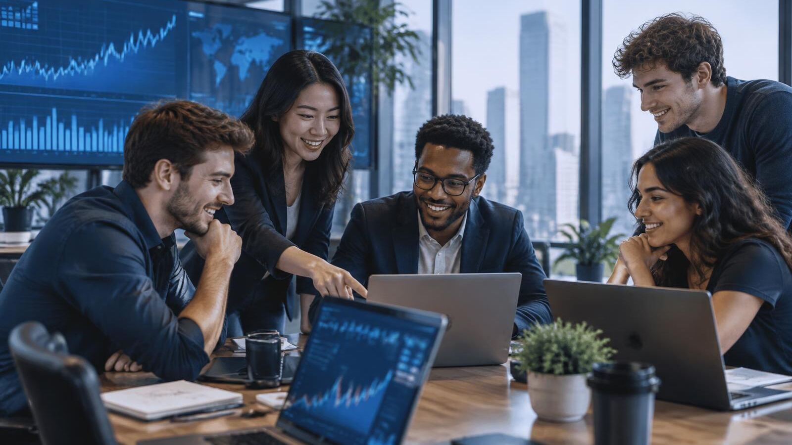 Group of traders working together in a modern office